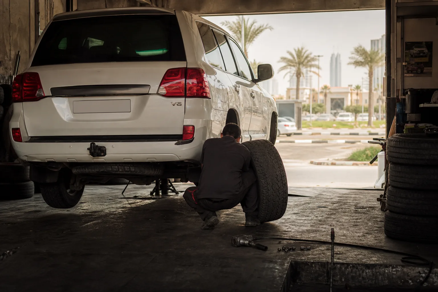 UAE tyre garage with mechanics at work